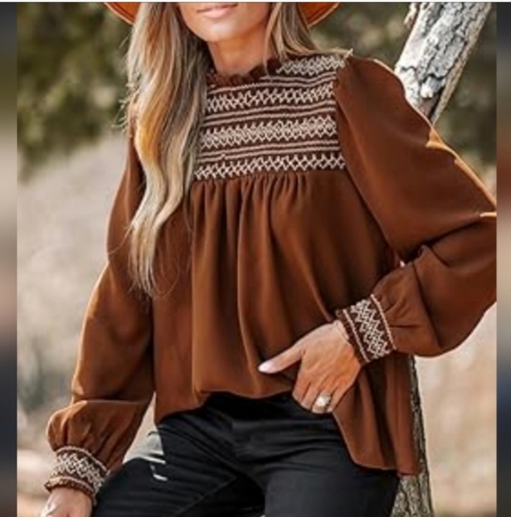 Cupshe Tops - Medium Rust Embroidered Long Sleeve Western Boho Ruffle Cottagecore Fall Vibes